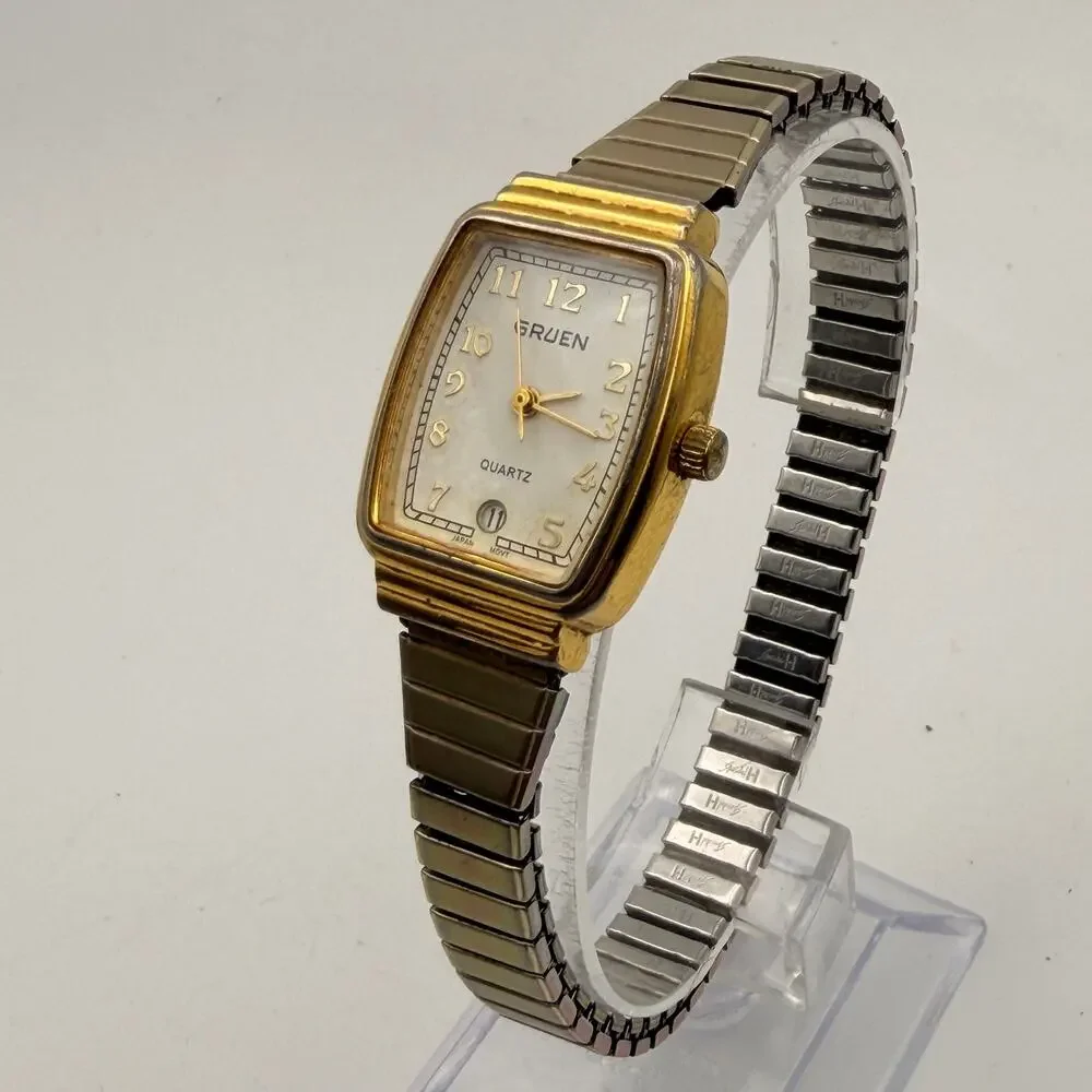 Elegant Vintage Gruen Quartz Gold-Tone Tank Watch Working